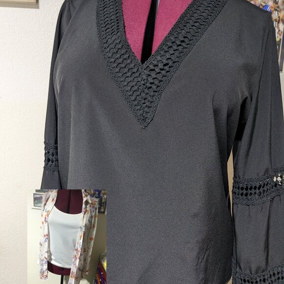 2 TOPS, HOPE SPRINGS LONG BUTTON UP BLOUSE W/TANK TOP + BLACK TOP - Picture 3 of 9